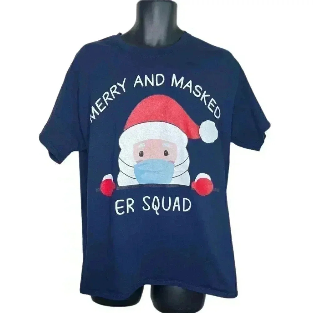 Gildan Tee | “Merry and Masked ER Squad” Graphic – Navy | Size L